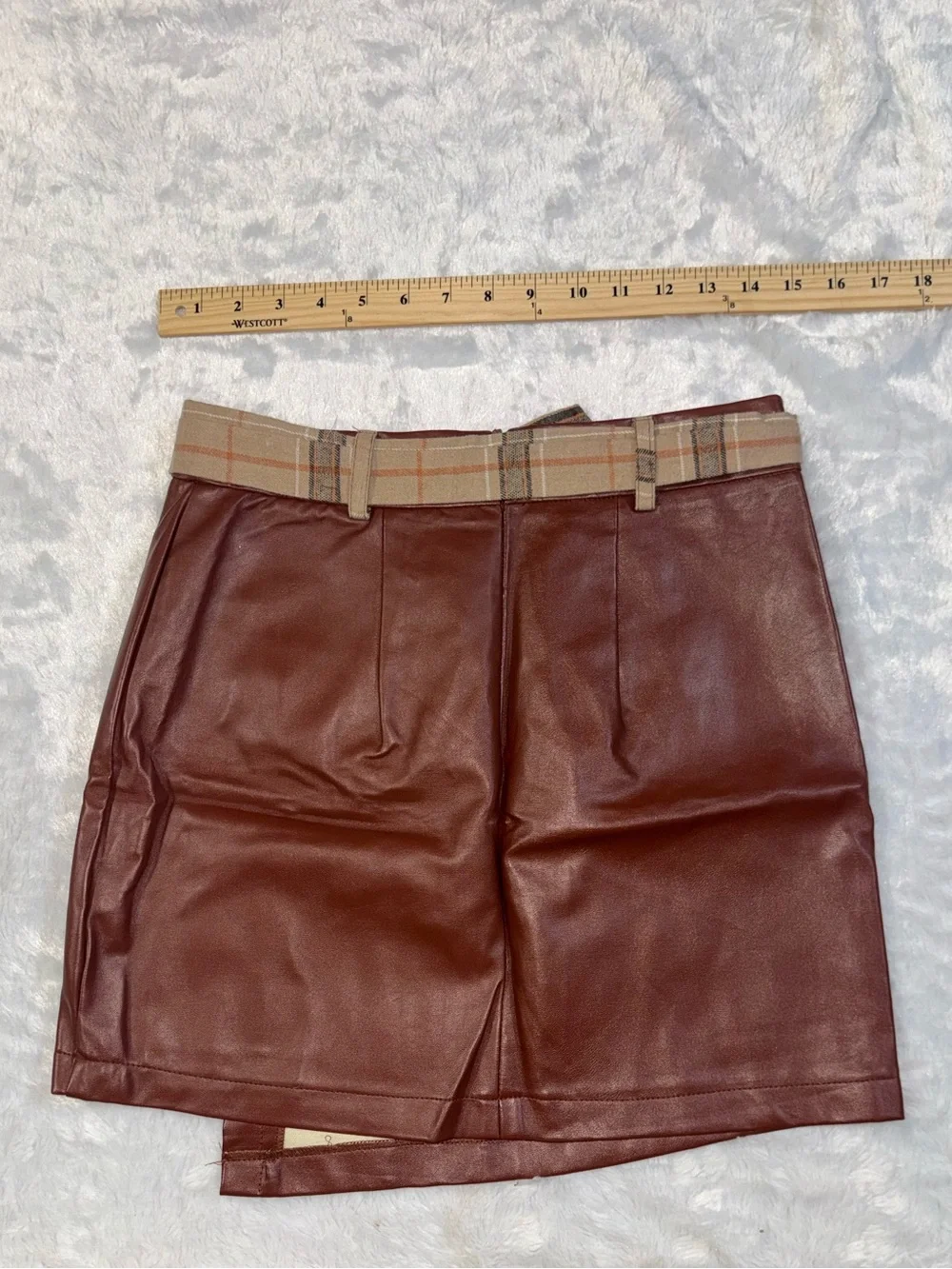 Faux Leather Mini Skirt with Plaid Belt - Burgundy